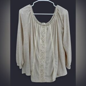 Women's Heathered Beige Lace Paneled Long Sleeve Peasant Top Medium Boho Elastic